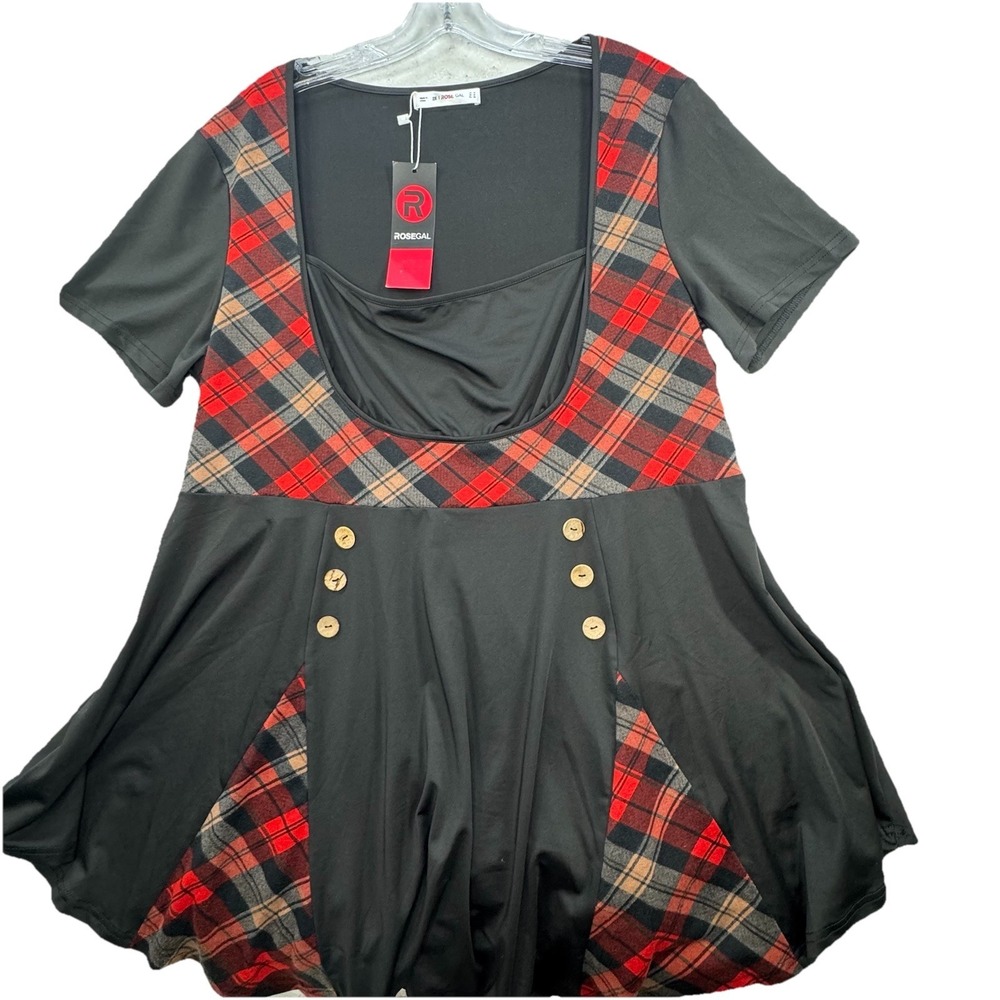 NWT Rosegal‎ Plus Size 2X Red Black Plaid Stretchy Tunic Top Goth Punk Doll